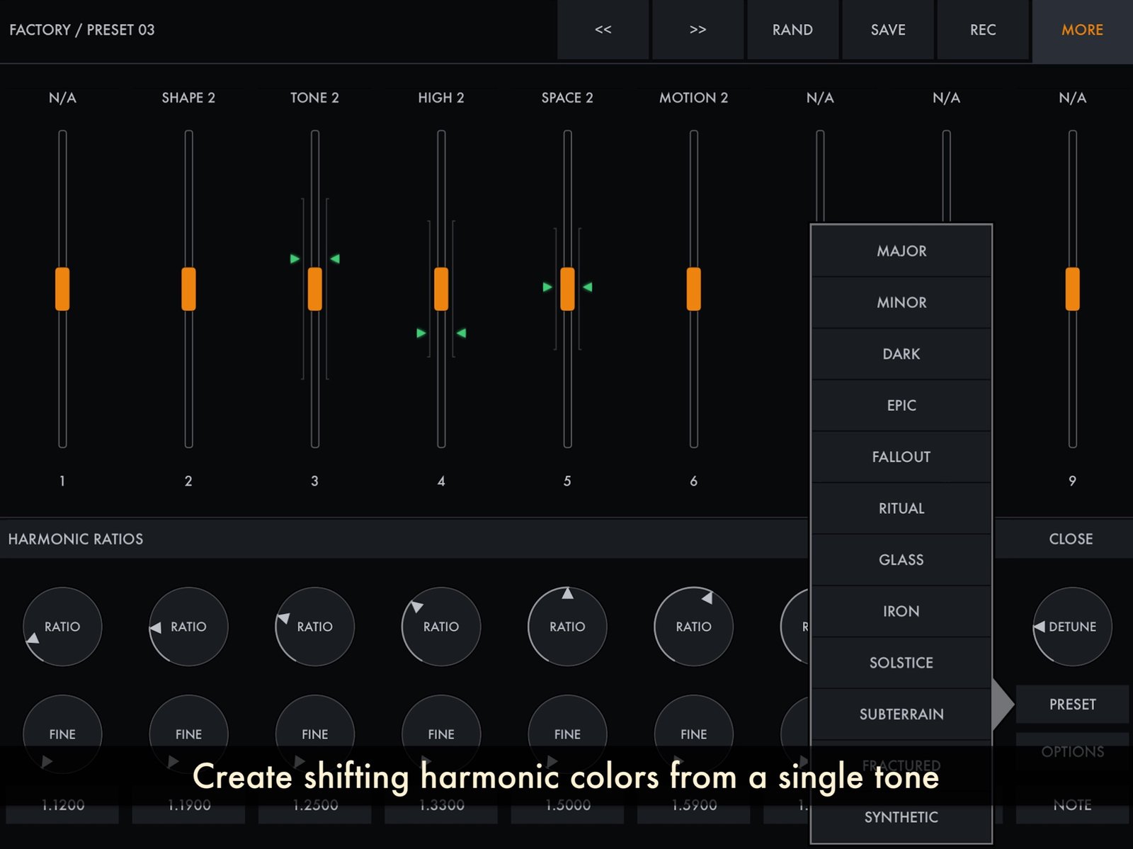 HollowTone Harmonic Ratios panel with preset menu
