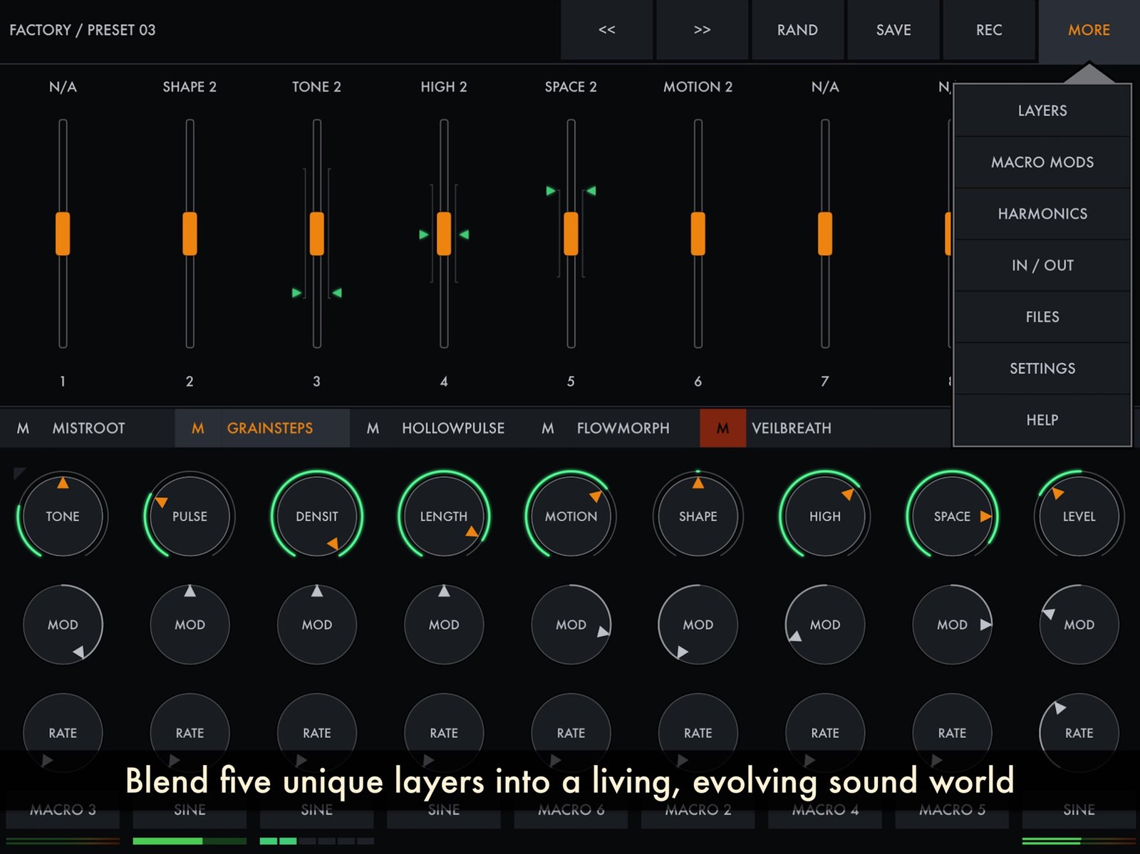 HollowTone layer editor on iPad showing the GrainSteps parameters and modulators
