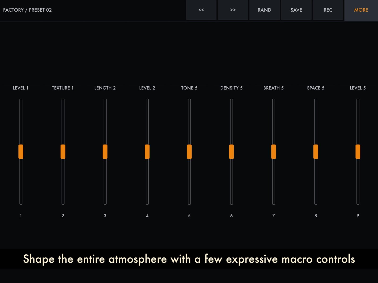 HollowTone main screen with nine macro faders